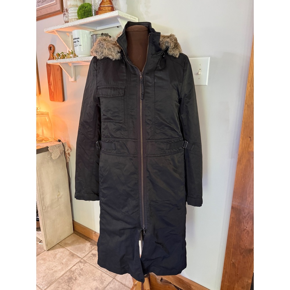 Theory Long Parka Coat S Black Rabbit Fur Lined Hooded Winter classic chic dark